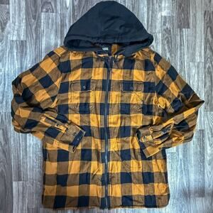Vans Hooded Flannel Jacket Classic Fit Yellow Black Buffalo Plaid Large Zip